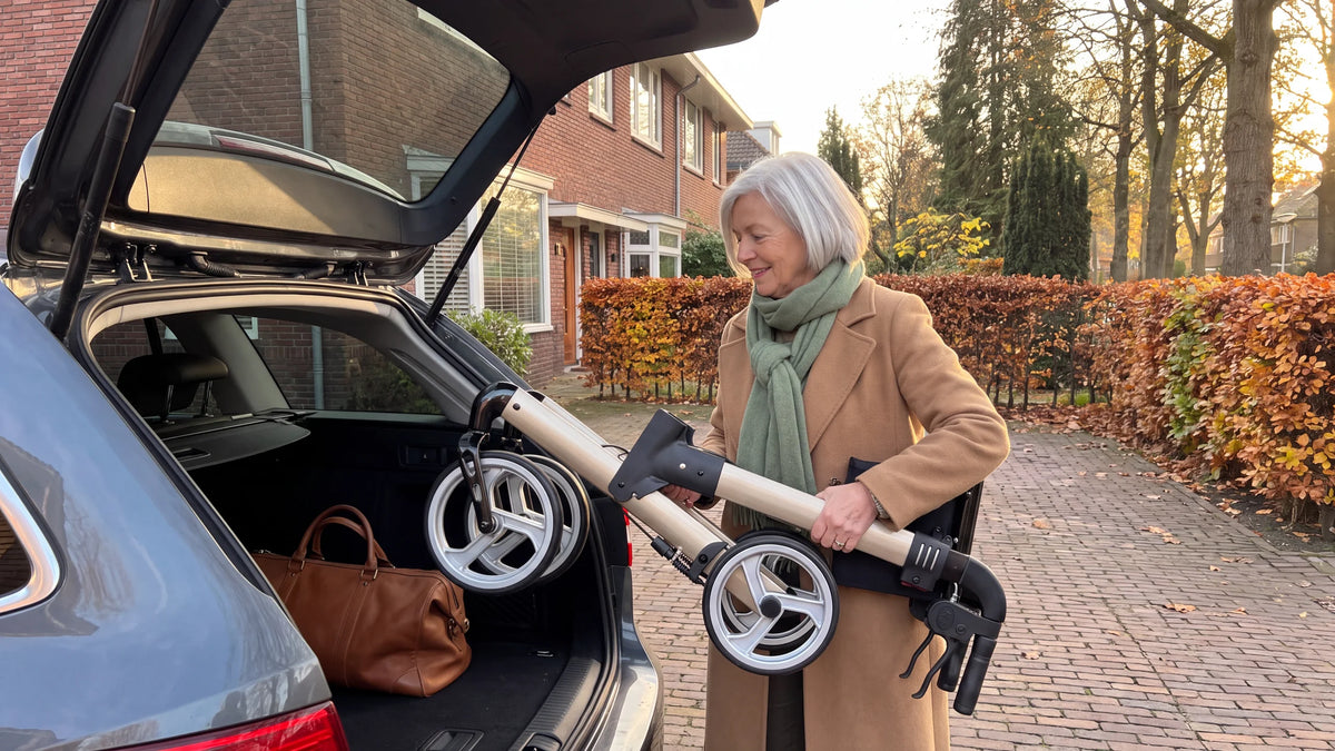 Ingeklapte Parvum Luxo in champagne; een vrouw tilt hem op de oprit in de kofferbak van haar auto.