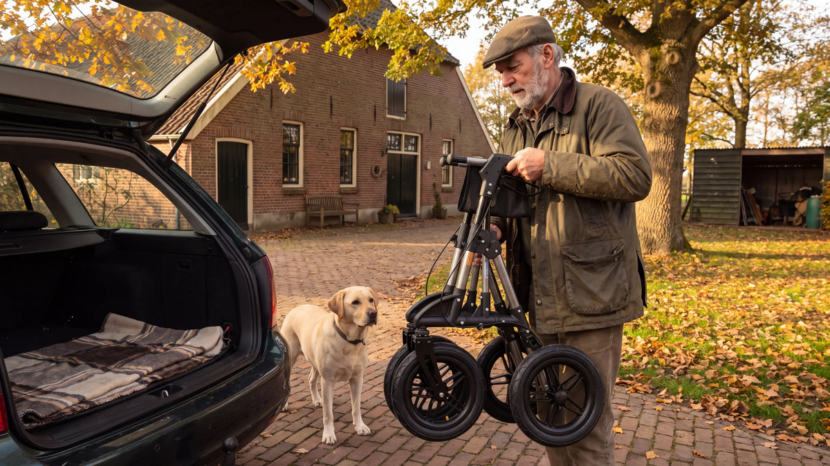 Ingeklapte Parvum Rebel in grijs naast de open kofferbak op een erf; een man pakt hem op, zijn labrador kijkt toe.