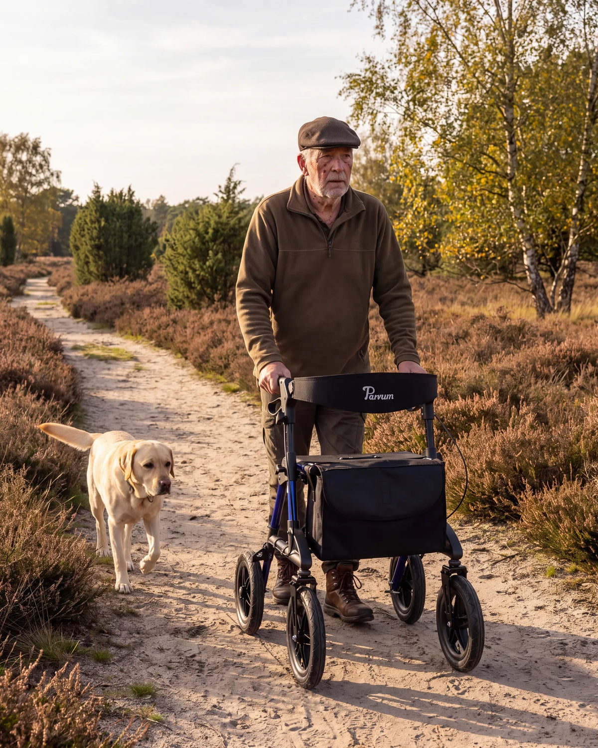Parvum Rebel in blauw op een zandpad over de heide; een man met een pet loopt met de rollator, zijn labrador naast hem.
