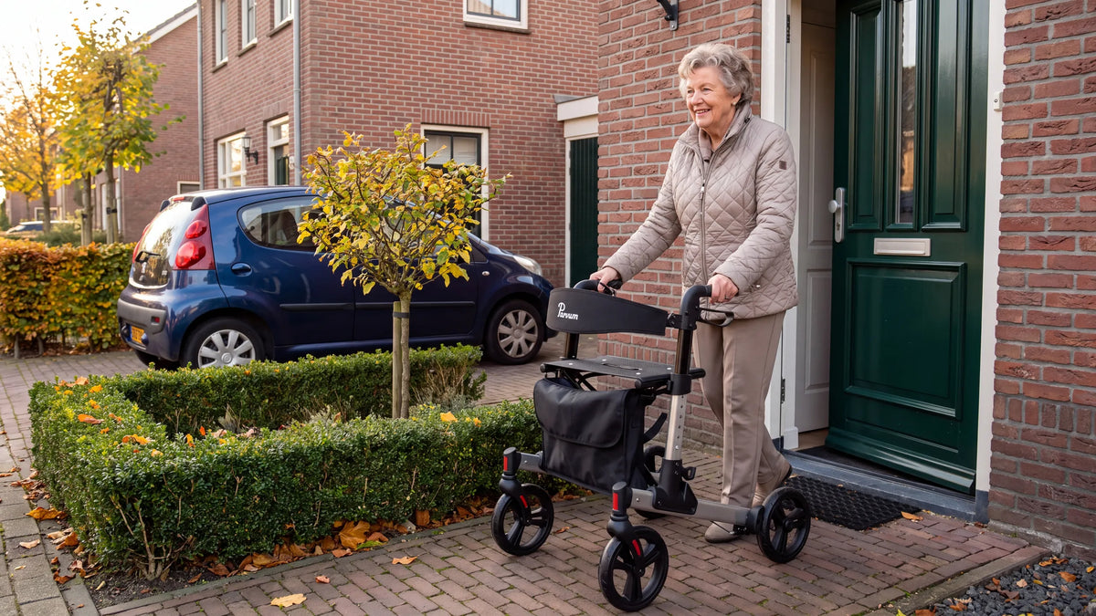 Parvum Riva in grijs bij een groene voordeur; een vrouw met grijze krullen staat met de rollator op het tuinpad.