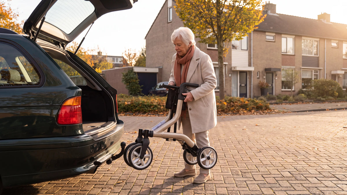Ingeklapte Parvum SuperLight in champagne; een vrouw met wit haar tilt hem op een klinkeroprit naar de open kofferbak van een auto.