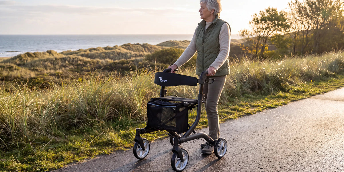 Parvum SuperLight Plus in anthracite along the edge of the dunes in the low sun; a woman looks out over the dunes.