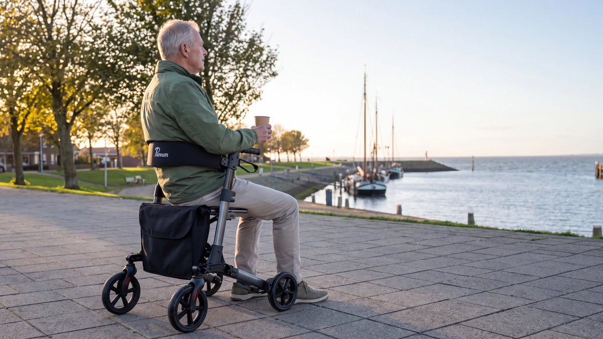 Parvum Brava in anthracite on a seaside promenade in the low sun; a man sits on the rollator with a cup of coffee.