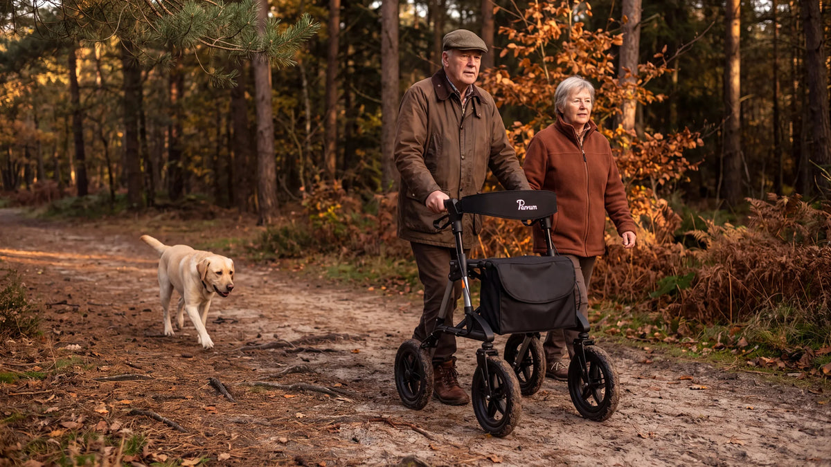Parvum Rebel in grijs op een bospad; een man met een pet loopt met de rollator, zijn vrouw en zijn labrador naast hem.