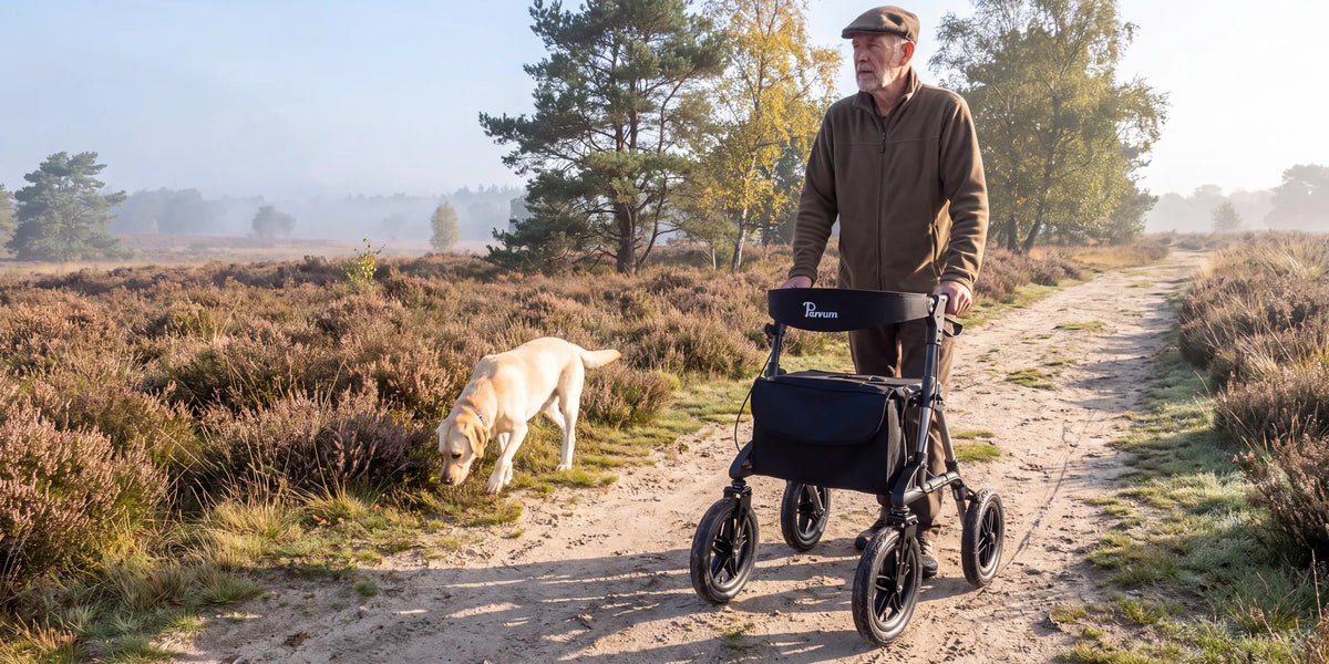 Parvum Rebel in grijs op een heidepad in de ochtendnevel; een man staat stil, zijn labrador snuffelt in de heide.