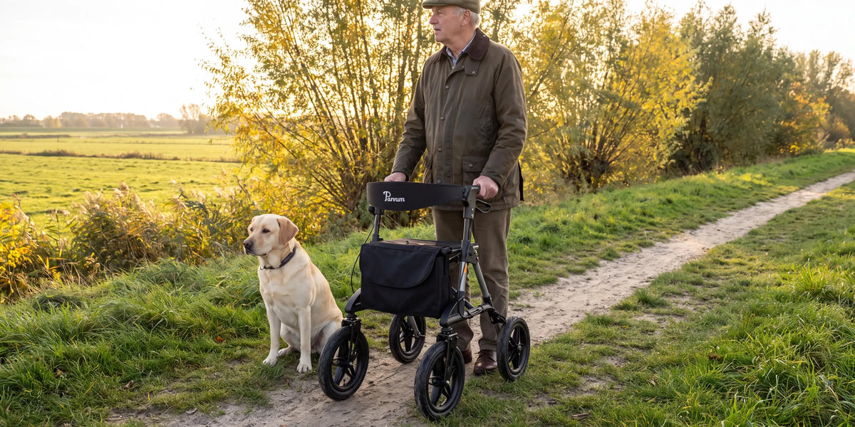 Parvum Rebel in grijs op een dijk in de lage zon; een man kijkt uit over de uiterwaarden, zijn labrador zit naast hem.