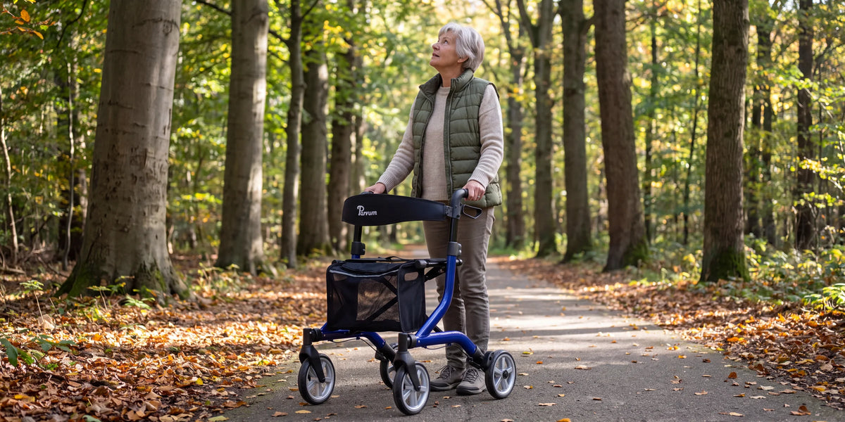 Parvum SuperLight Plus in blue on a forest path with beech trees; a woman looks up at the trees.